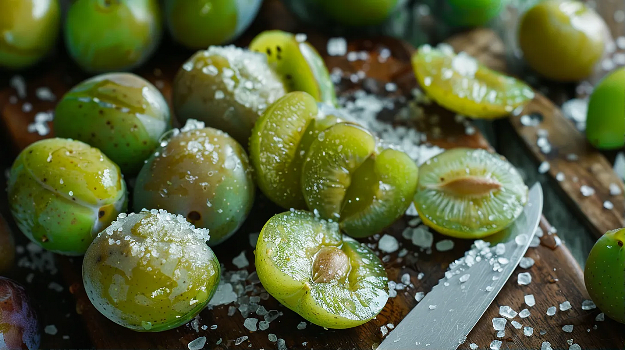 Трендовая закуска из алычи, закуска из зеленой алычи, что приготовить из алычи, чем заменить соленые огурцы, рецепт закуски из алычи