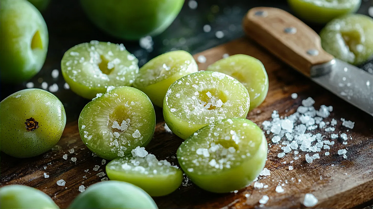 Трендовая закуска из алычи, закуска из зеленой алычи, что приготовить из алычи, чем заменить соленые огурцы, рецепт закуски из алычи