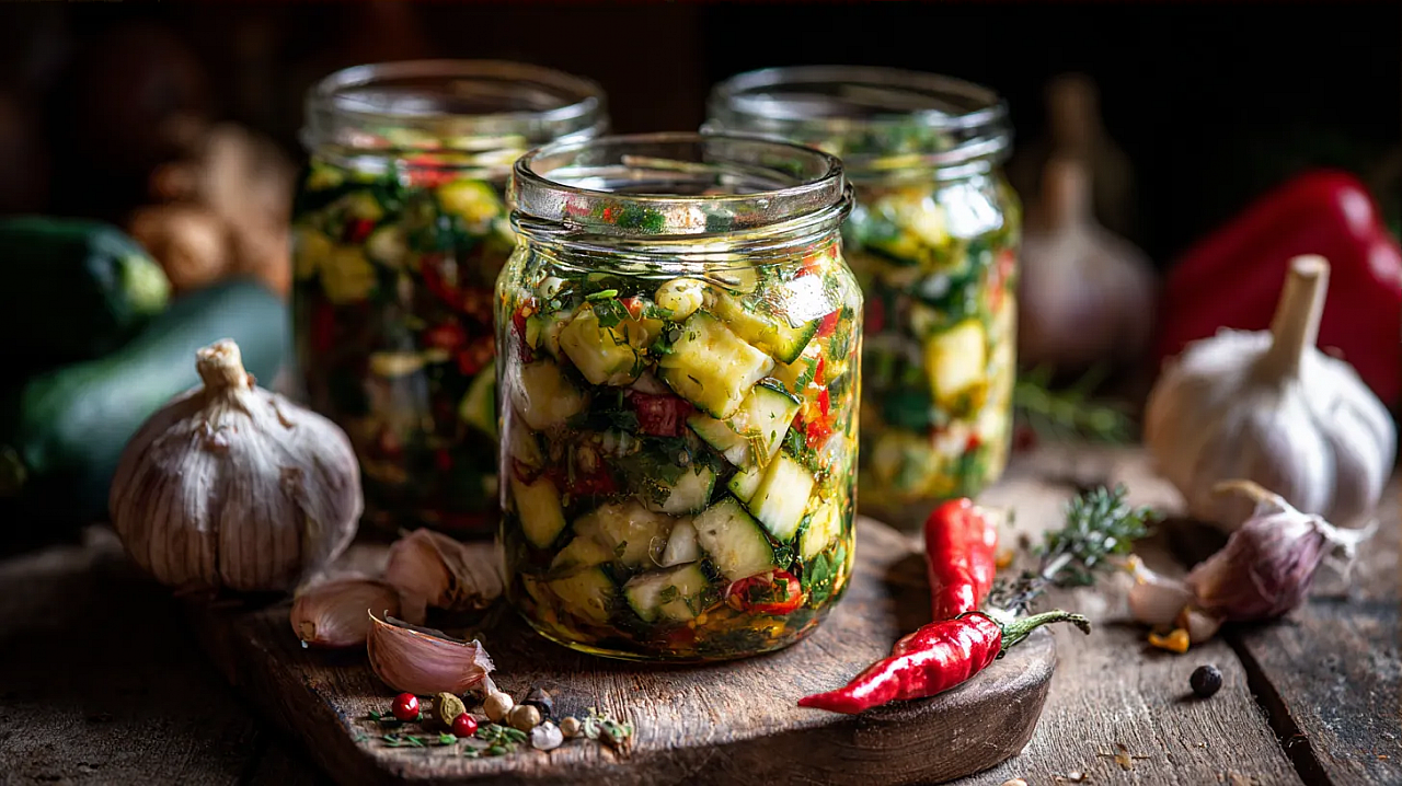 Салат Огонек, соленья, кабачки, маринованные кабачки, острый салат в банке, еда, рецепты, закуски