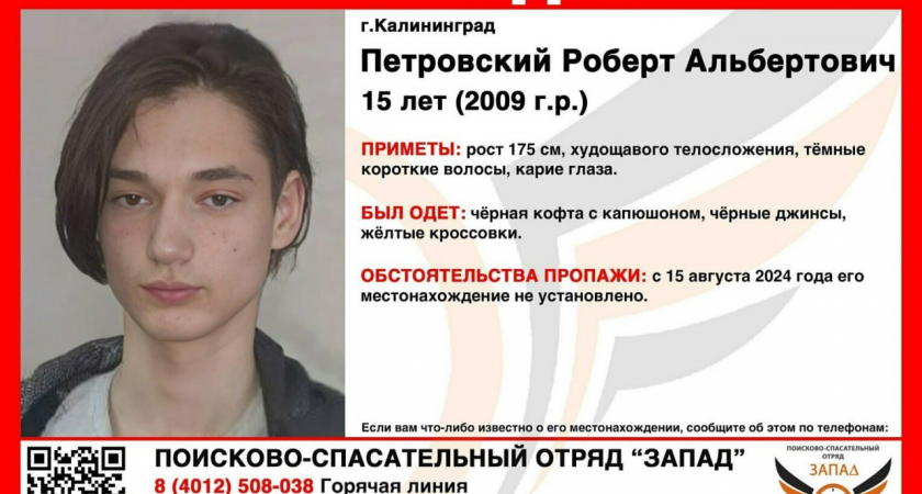15-летний калининградец пропал без вести: полиция просит помощи в поисках