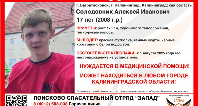 В Калининградской области без вести пропал 17-летний Алексей Солодовник — его ищут волонтёры и полиция
