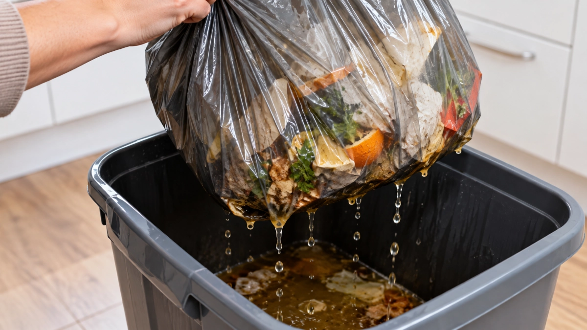 Кладу одну вещь под мусорный пакет — и дно ведра остаётся сухим даже после “текучего” мусора
